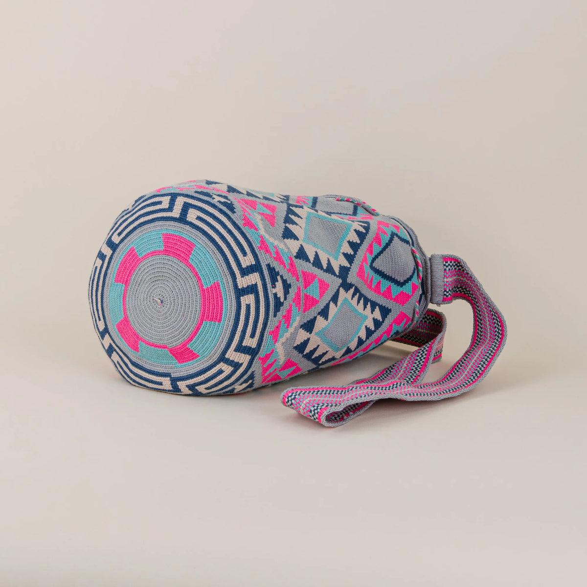 Bottom view of Manati Wayuu Mochila showing circular handwoven construction and geometric pattern details – Maison Monserrate