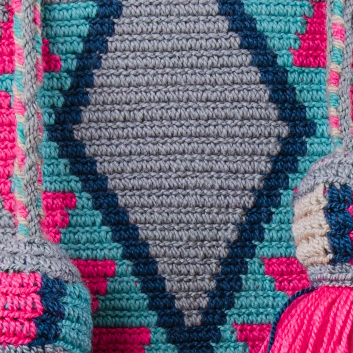 Close-up of Manati Wayuu Mochila showing single-thread handwoven texture and colorful geometric detailing – Maison Monserrate